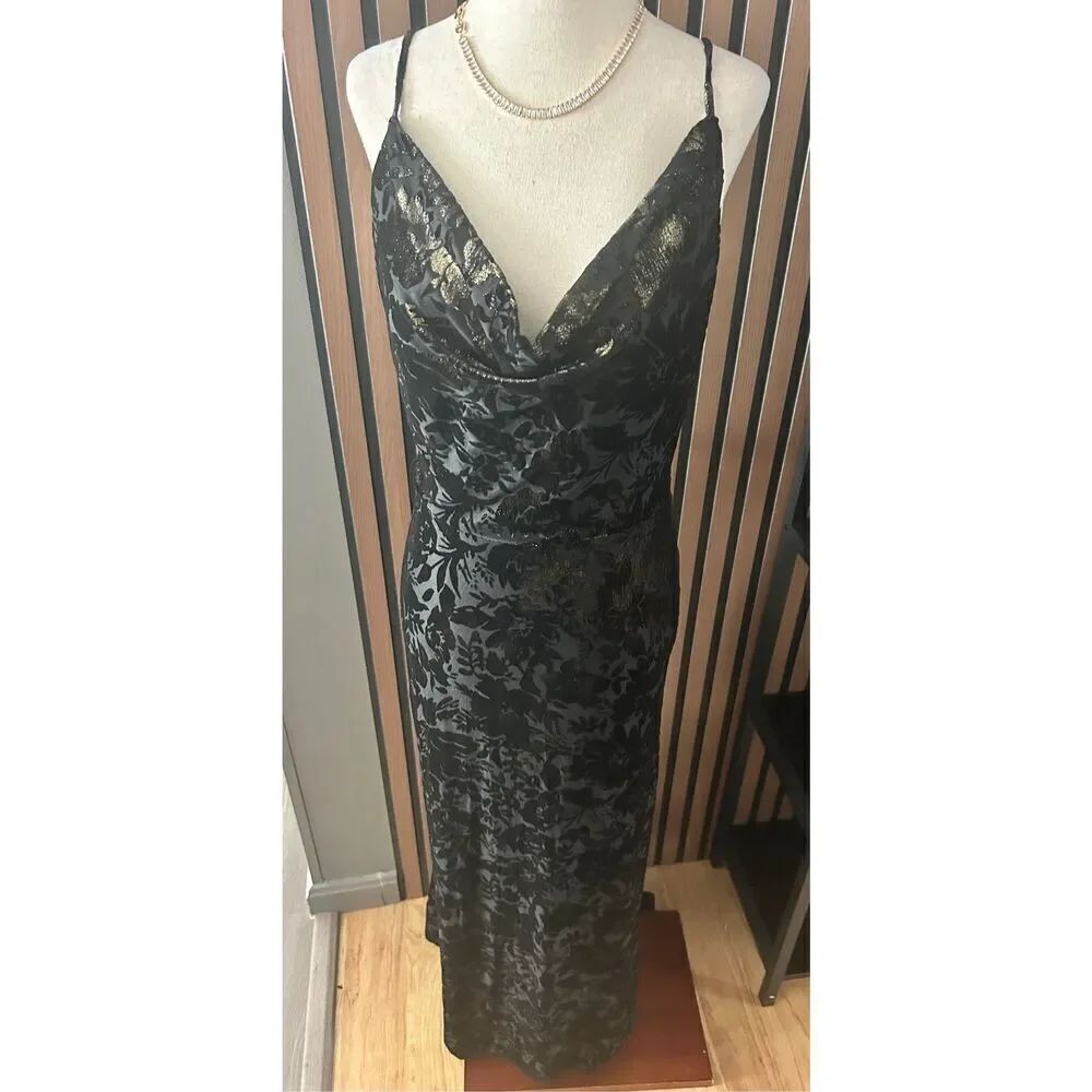 David’s bridal mother of the bride bridesmaid long maxi black dress with gold sh